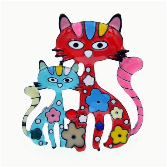 Colorful Enamel Cats Brooch Pin 2.8cm x 2.4cm Flower Design Cute Jewelry Accesso - Picture 2 of 3
